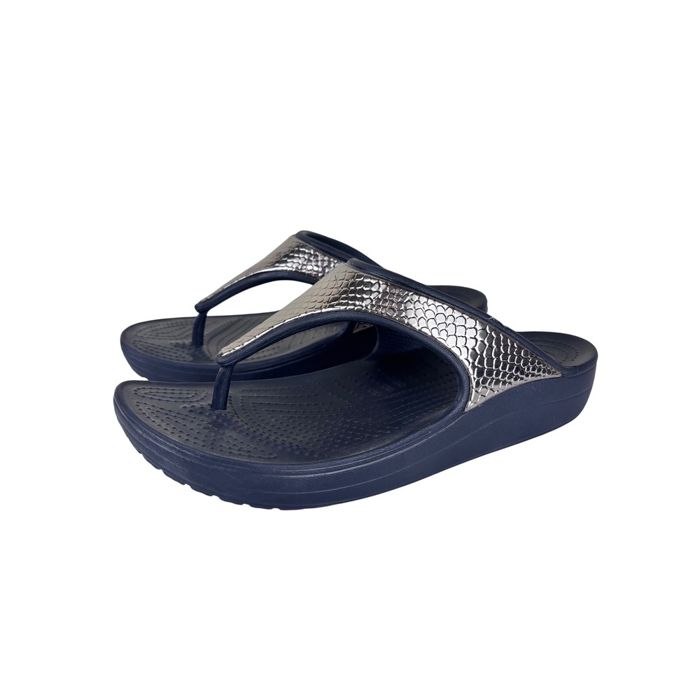 Crocs Capri V Metallic Flip Flops Black Silver W10 Platform Comfort Resort